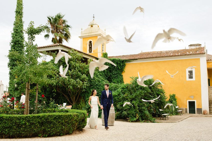bride and groom portraits, doves