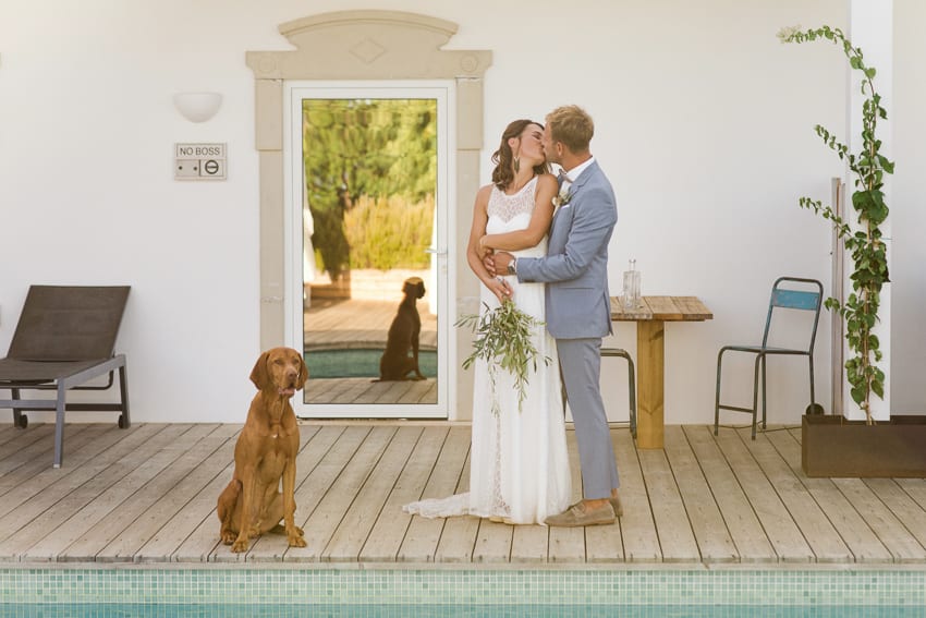 bride and groom portraits with dog