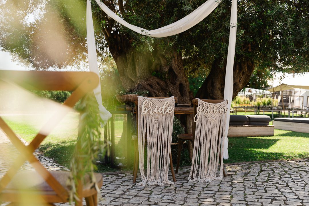wedding ceremony decor, wedding style, rustic wedding, Portugal wedding, Algarve wedding ceremony, garden wedding, ceremony under an olive tree, olive farm wedding, Europe wedding,