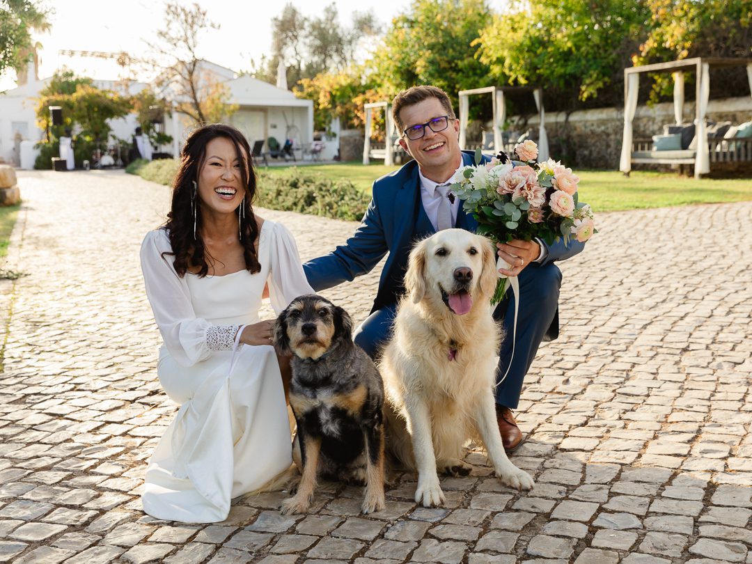 pets at weddings, Portugal wedding, wedding photogrpahy, wedding portraits, bride and groom with puppies