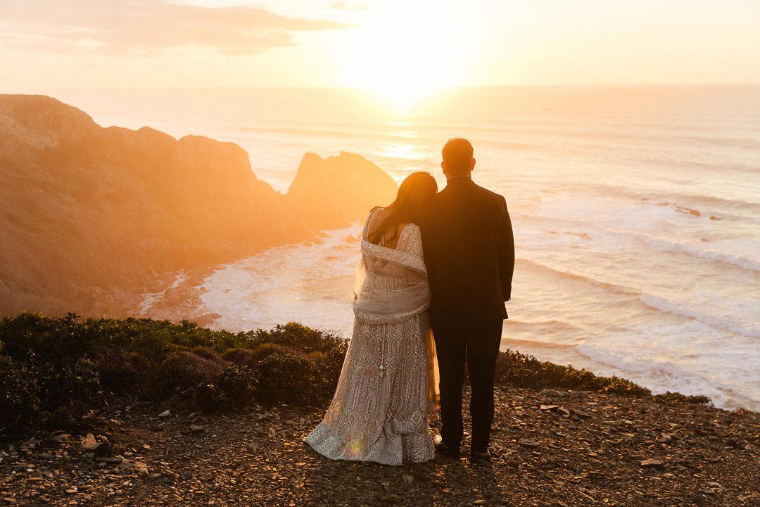 Romantic beach sunset portraits in Algarve Portugal, destination wedding photographer Europe
